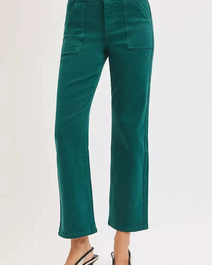 RISEN High Rise Ankle Flare Patch Pocket Jeans - Trendsi