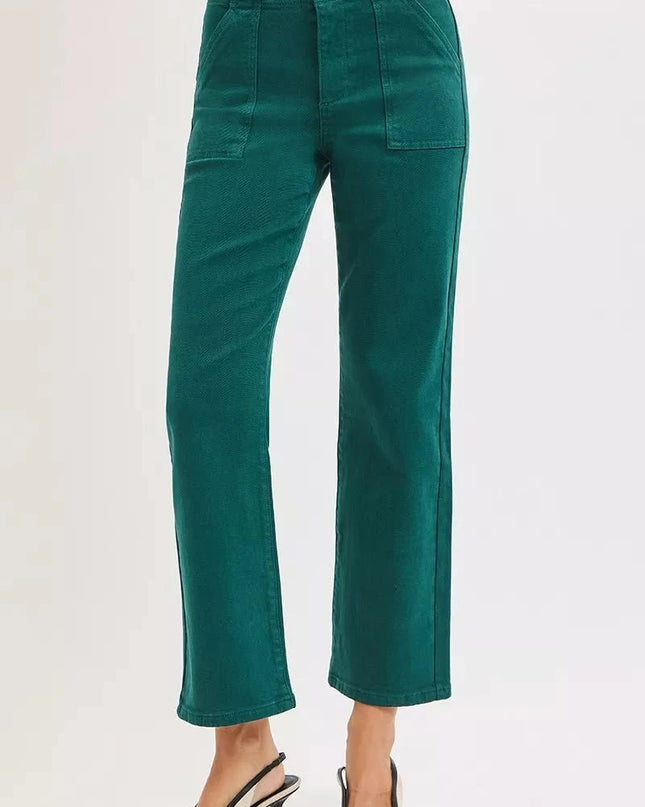 RISEN High Rise Ankle Flare Patch Pocket Jeans - Trendsi