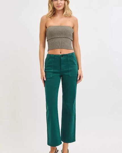 RISEN High Rise Ankle Flare Patch Pocket Jeans - Trendsi