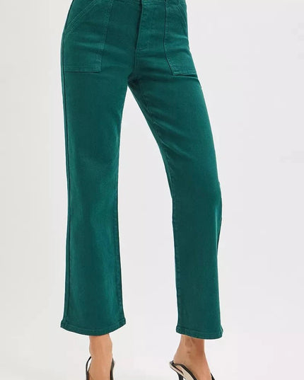 RISEN High Rise Ankle Flare Patch Pocket Jeans - Trendsi