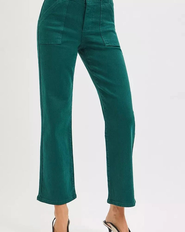 RISEN High Rise Ankle Flare Patch Pocket Jeans - Trendsi