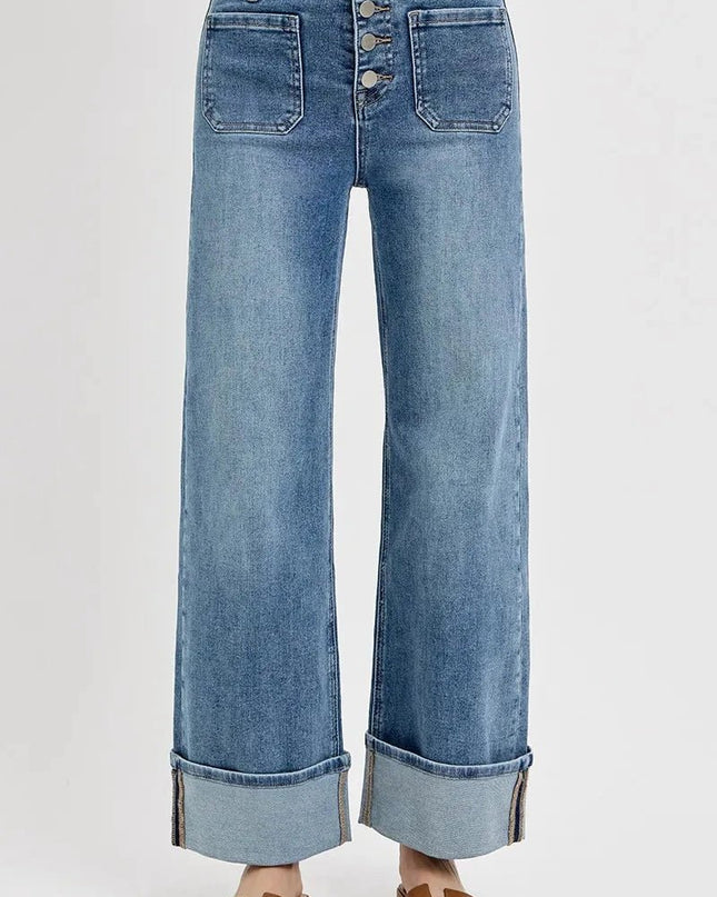 RISEN High Rise Ankle Wide Button Patch Pocket Cuffed Jeans - Trendsi
