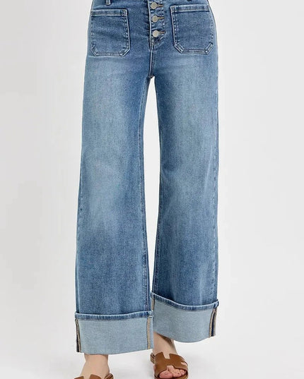 RISEN High Rise Ankle Wide Button Patch Pocket Cuffed Jeans - Trendsi