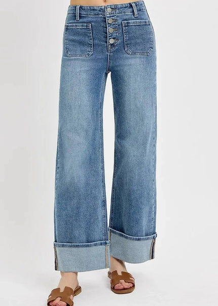 RISEN High Rise Ankle Wide Button Patch Pocket Cuffed Jeans - Trendsi