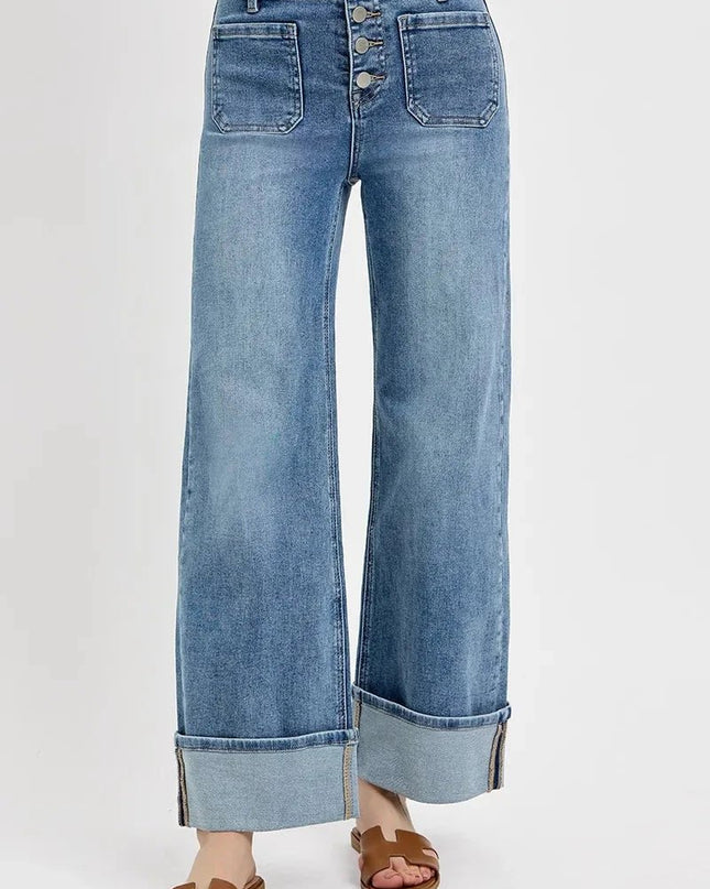 RISEN High Rise Ankle Wide Button Patch Pocket Cuffed Jeans - Trendsi