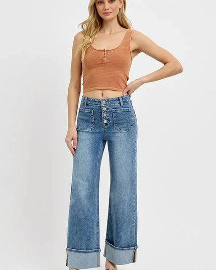 RISEN High Rise Ankle Wide Button Patch Pocket Cuffed Jeans - Trendsi