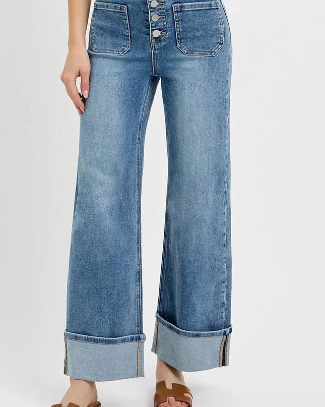 RISEN High Rise Ankle Wide Button Patch Pocket Cuffed Jeans - Trendsi