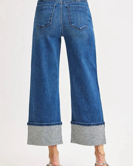 RISEN High Rise Ankle Wide Rhine Stone Cuffed Jeans - Trendsi
