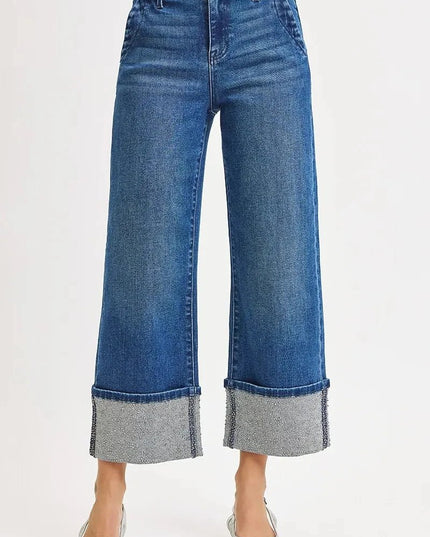 RISEN High Rise Ankle Wide Rhine Stone Cuffed Jeans - Trendsi