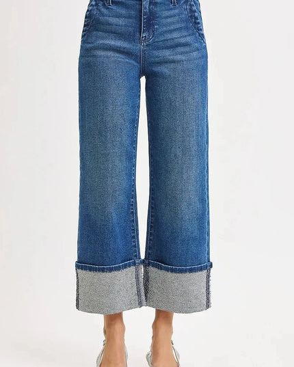 RISEN High Rise Ankle Wide Rhine Stone Cuffed Jeans - Trendsi