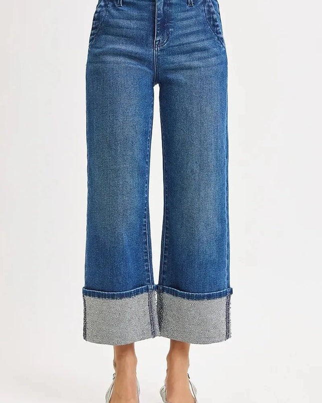 RISEN High Rise Ankle Wide Rhine Stone Cuffed Jeans - Trendsi