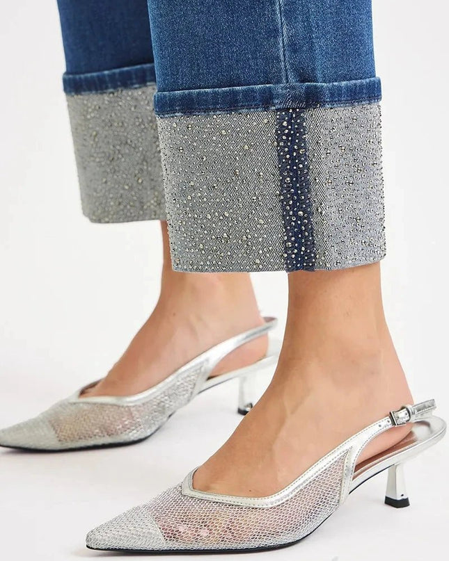 RISEN High Rise Ankle Wide Rhine Stone Cuffed Jeans - Trendsi