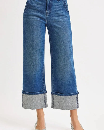 RISEN High Rise Ankle Wide Rhine Stone Cuffed Jeans - Trendsi