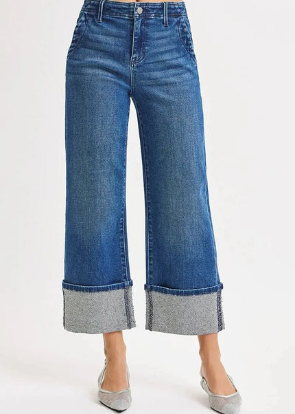 RISEN High Rise Ankle Wide Rhine Stone Cuffed Jeans - Trendsi