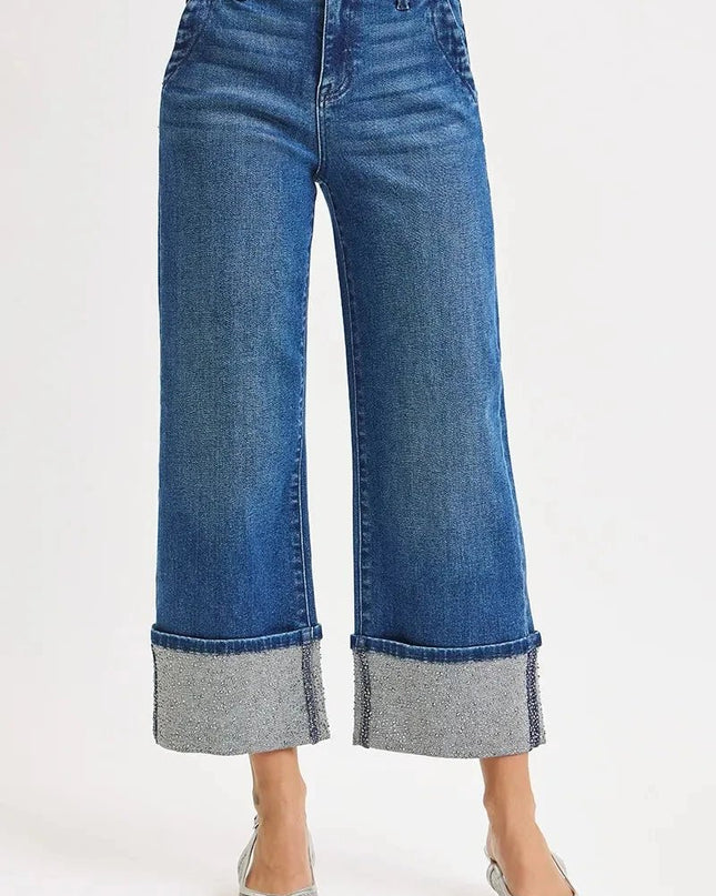 RISEN High Rise Ankle Wide Rhine Stone Cuffed Jeans - Trendsi