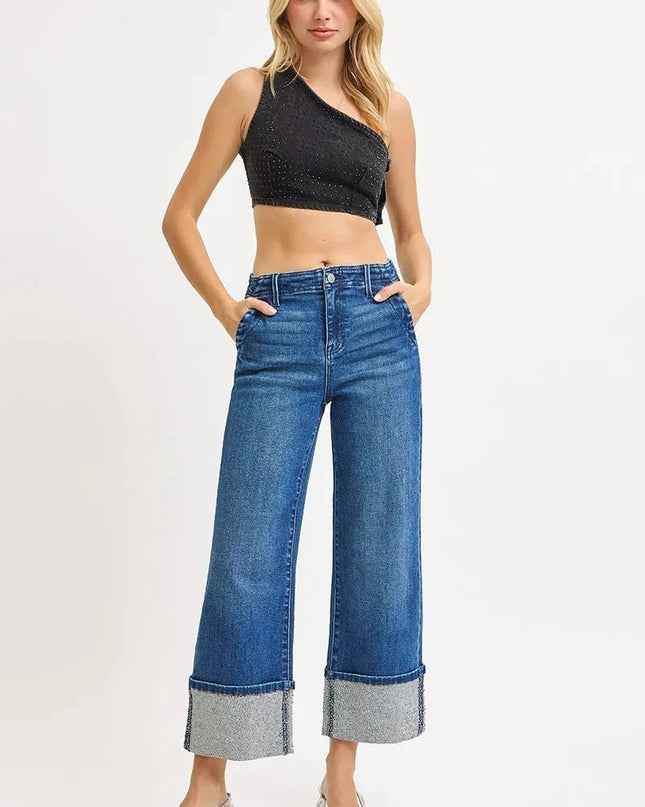RISEN High Rise Ankle Wide Rhine Stone Cuffed Jeans - Trendsi