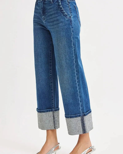 RISEN High Rise Ankle Wide Rhine Stone Cuffed Jeans - Trendsi