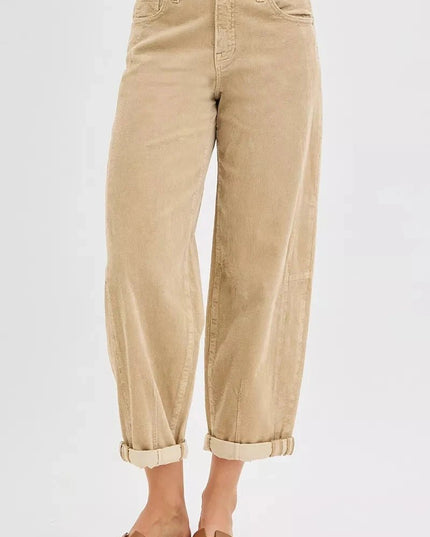 RISEN High Rise Crop Barrel Cordurory Pants - Trendsi