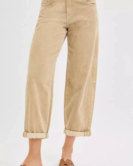 RISEN High Rise Crop Barrel Cordurory Pants - Trendsi