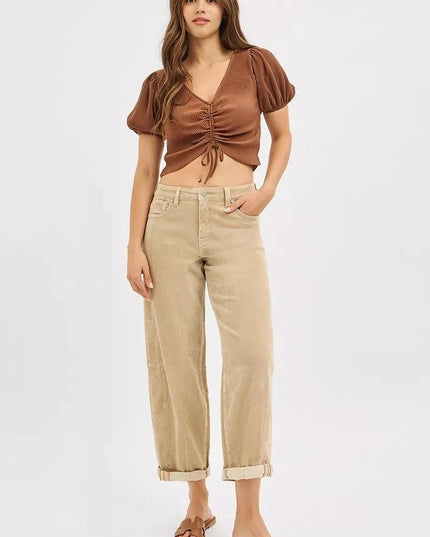 RISEN High Rise Crop Barrel Cordurory Pants - Trendsi