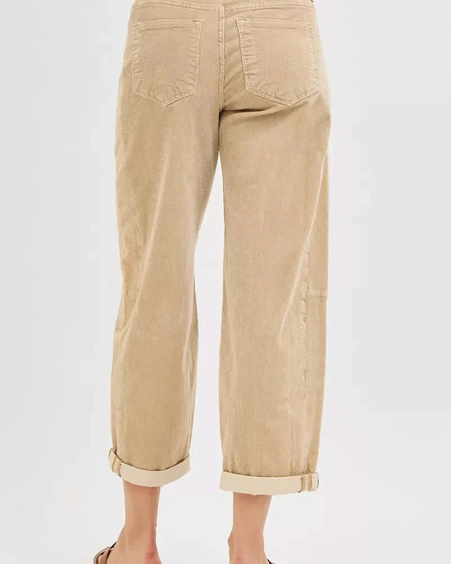 RISEN High Rise Crop Barrel Cordurory Pants - Trendsi