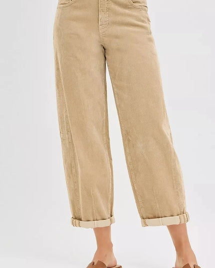 RISEN High Rise Crop Barrel Cordurory Pants - Trendsi