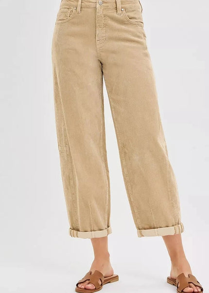 RISEN High Rise Crop Barrel Cordurory Pants - Trendsi