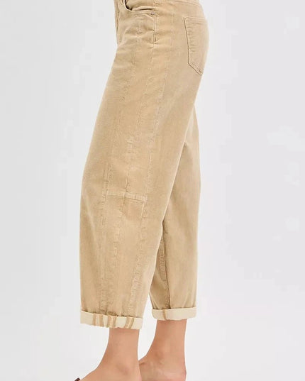 RISEN High Rise Crop Barrel Cordurory Pants - Trendsi