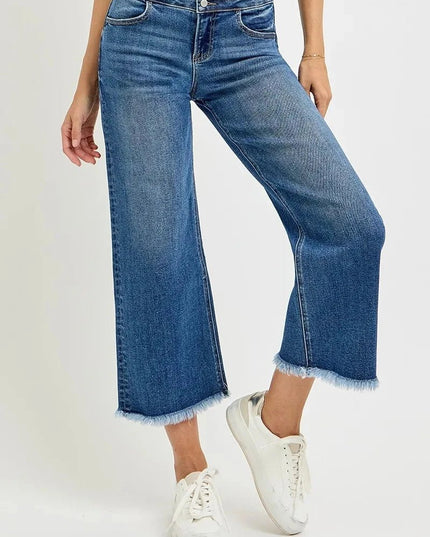 RISEN High Rise Crop Wide Leg Jeans with Wide Band Detail - Trendsi