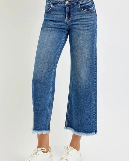 RISEN High Rise Crop Wide Leg Jeans with Wide Band Detail - Trendsi