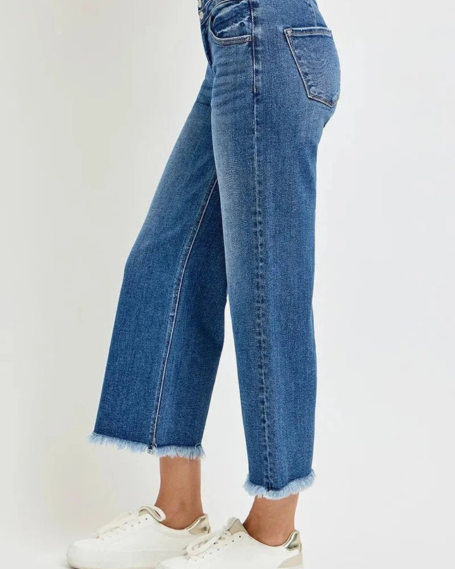 RISEN High Rise Crop Wide Leg Jeans with Wide Band Detail - Trendsi