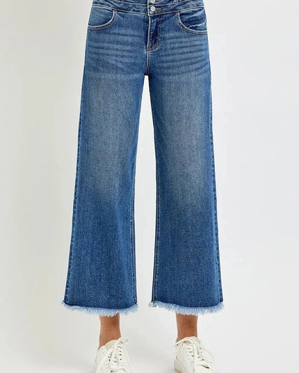 RISEN High Rise Crop Wide Leg Jeans with Wide Band Detail - Trendsi