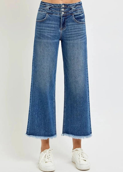 RISEN High Rise Crop Wide Leg Jeans with Wide Band Detail - Trendsi