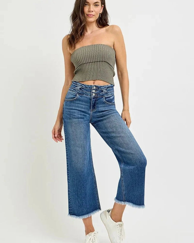 RISEN High Rise Crop Wide Leg Jeans with Wide Band Detail - Trendsi