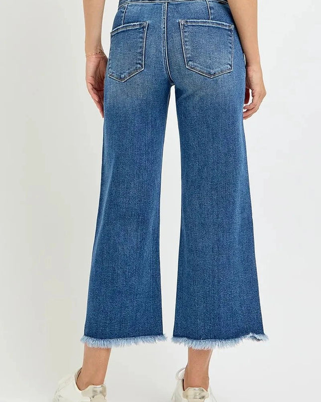 RISEN High Rise Crop Wide Leg Jeans with Wide Band Detail - Trendsi