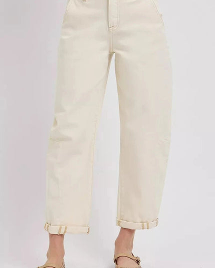 RISEN High Rise Relaxed Barrel Cuffed Jeans - Trendsi