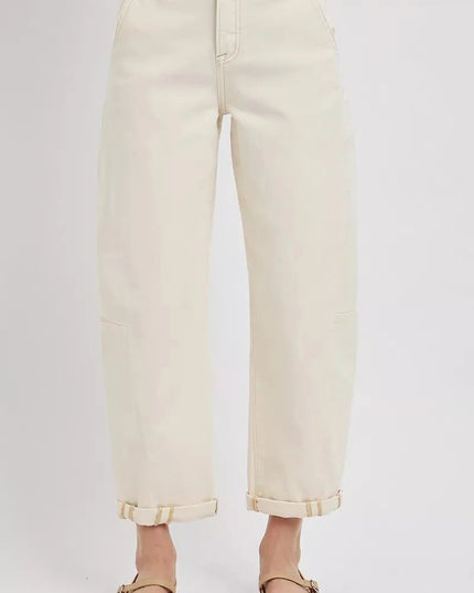RISEN High Rise Relaxed Barrel Cuffed Jeans - Trendsi