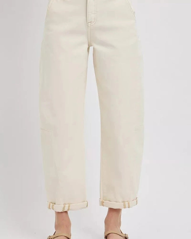 RISEN High Rise Relaxed Barrel Cuffed Jeans - Trendsi
