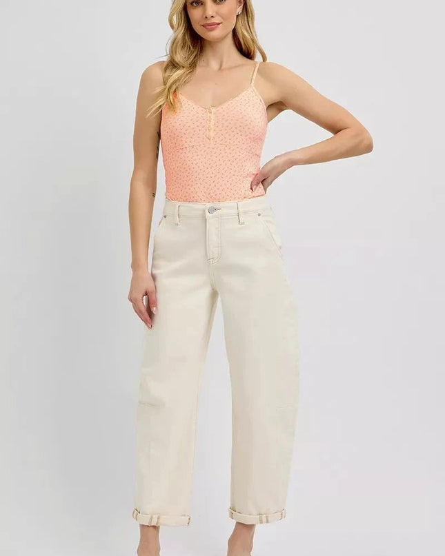 RISEN High Rise Relaxed Barrel Cuffed Jeans - Trendsi