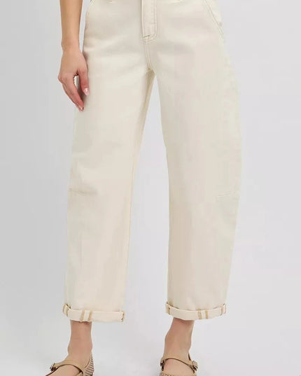 RISEN High Rise Relaxed Barrel Cuffed Jeans - Trendsi