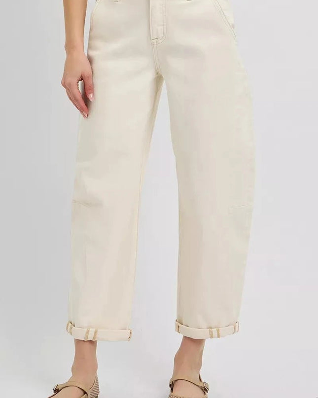 RISEN High Rise Relaxed Barrel Cuffed Jeans - Trendsi