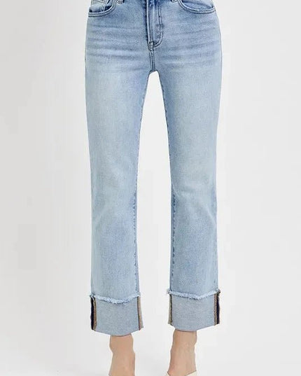 RISEN High Rise Straight Cuffed Relaxed Jeans - Trendsi