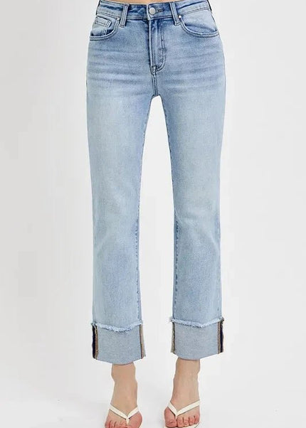 RISEN High Rise Straight Cuffed Relaxed Jeans - Trendsi