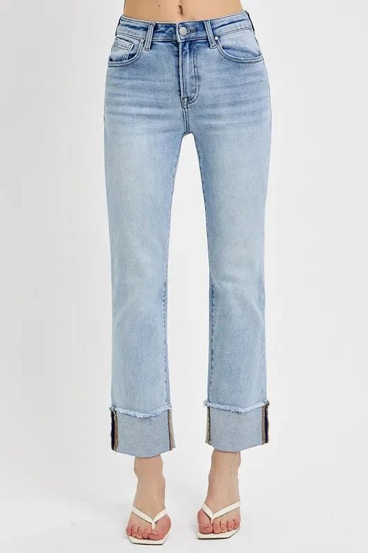 RISEN High Rise Straight Cuffed Relaxed Jeans - Trendsi