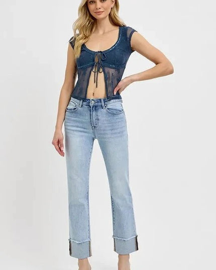 RISEN High Rise Straight Cuffed Relaxed Jeans - Trendsi