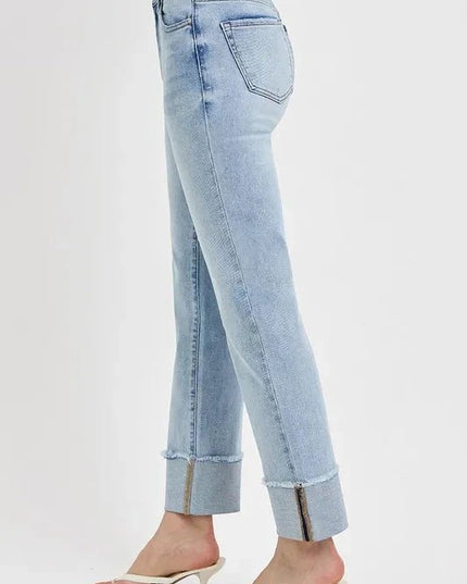 RISEN High Rise Straight Cuffed Relaxed Jeans - Trendsi