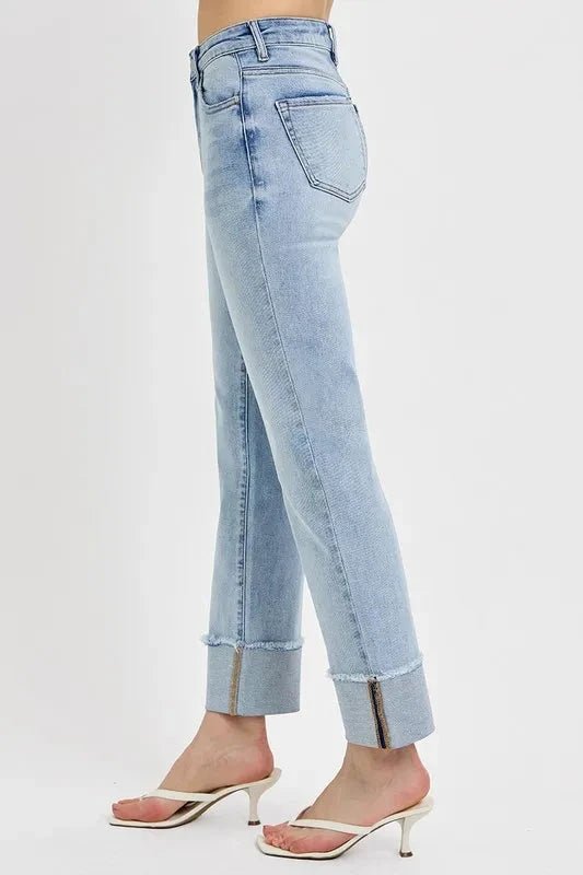 RISEN High Rise Straight Cuffed Relaxed Jeans - Trendsi