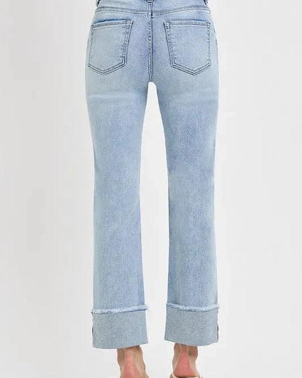 RISEN High Rise Straight Cuffed Relaxed Jeans - Trendsi