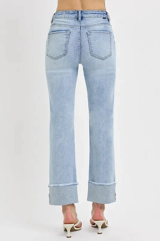 RISEN High Rise Straight Cuffed Relaxed Jeans - Trendsi