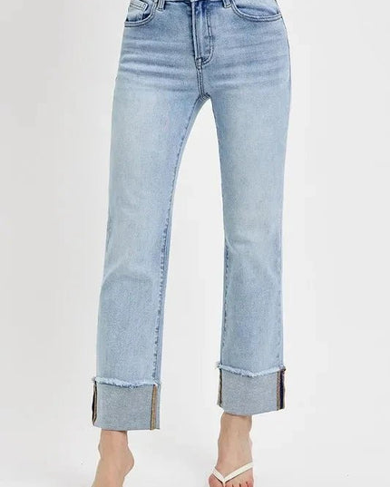 RISEN High Rise Straight Cuffed Relaxed Jeans - Trendsi